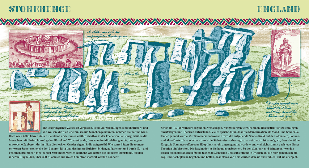 Stonehenge-Illustration mit und englischen Beschriftungen, antiken Steinen und einem dekorativen Rand, auf einer Doppelseite.