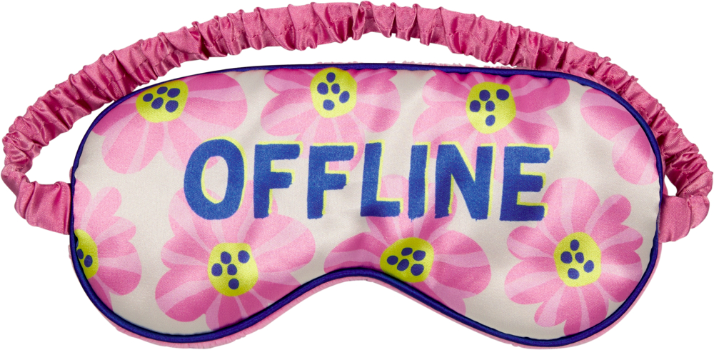 Rosa Schlafmaske mit Blumenmuster, vorne steht OFFLINE in blauen Großbuchstaben.