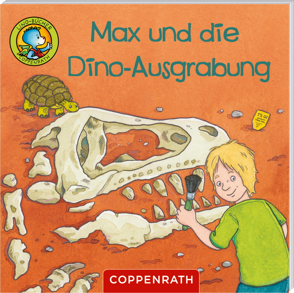 Kinderbuchcover mit Junge beim Freilegen eines großen Dinosaurierschädels im Boden, daneben eine kleine Schildkröte.