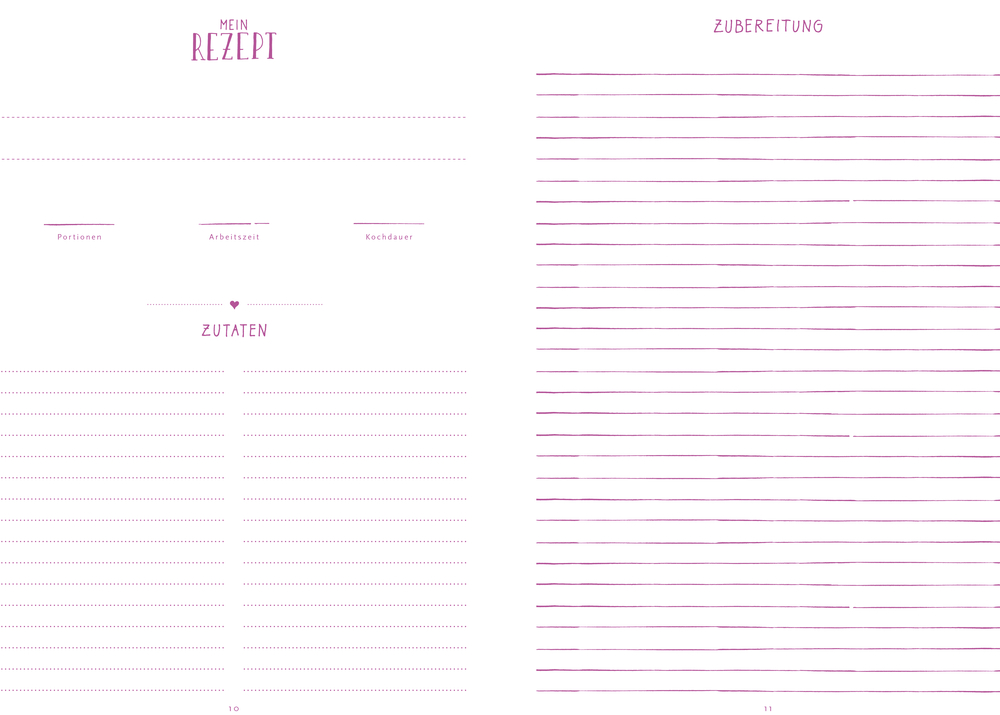 Innenansicht: Lila-weiße deutsche Rezeptvorlage mit Abschnitten für Zutaten, Portionen, Zubereitungszeit und Anleitung.