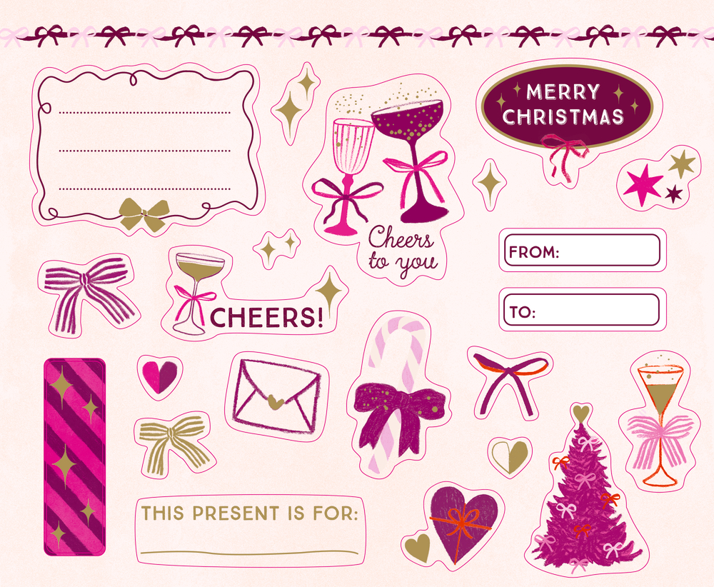 Stickerbogen mit weihnachtlichen Motiven wie Schleifen, Sektgläsern, Herz, Geschenk, Weihnachtsbaum und Textfeldern für Geschenke.