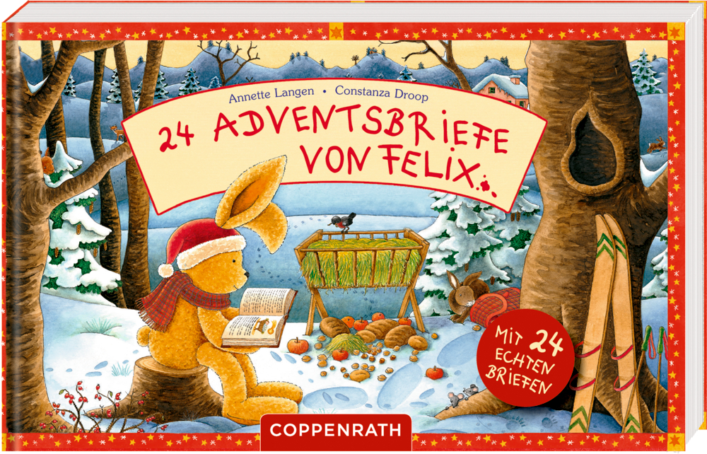 Briefbuch: 24 Adventsbriefe von Felix - mit 24 echten Briefen Stoffhase liest an einer Krippe im verschneiten Wald, mit dem Titel: 24 Adventsbriefe von Felix.
