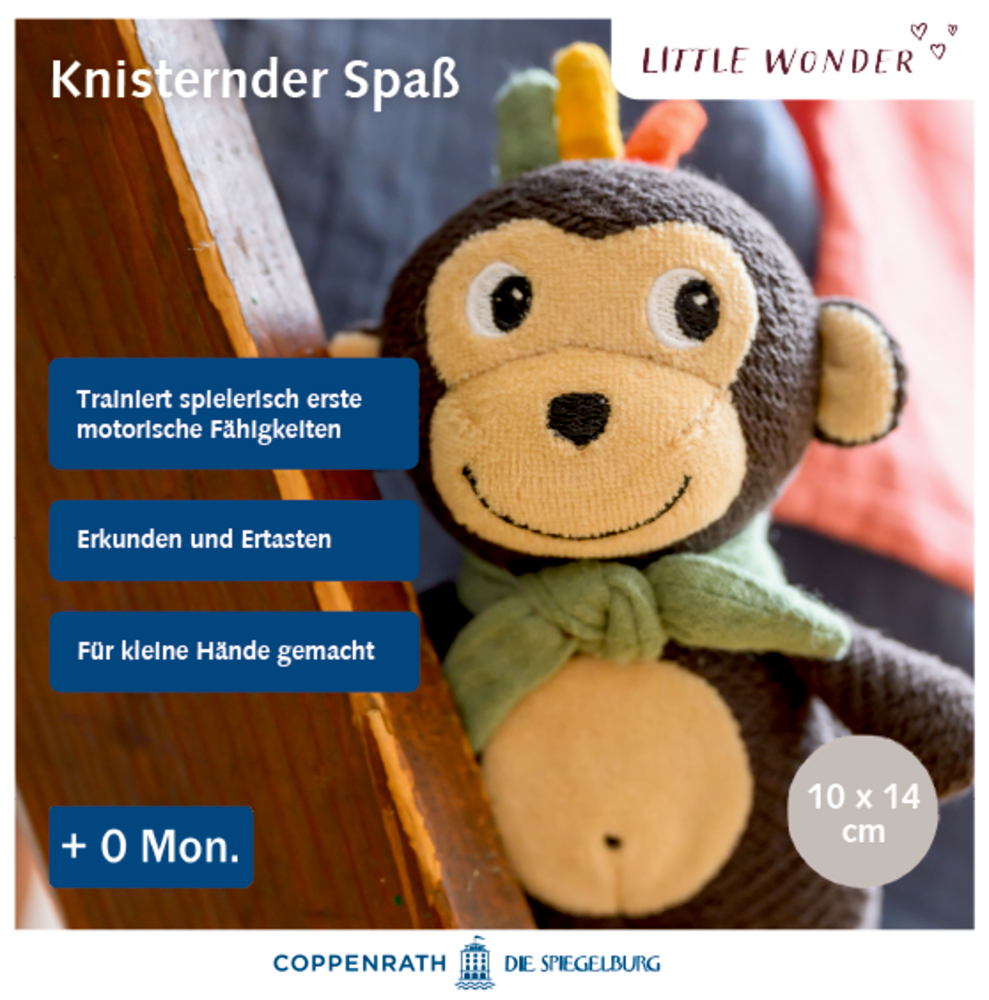 Plüsch-Affenspielzeug mit grünem Schal, bunten Büscheln und blauen Knöpfen, geeignet für Babys ab der Geburt (0+ Monate).