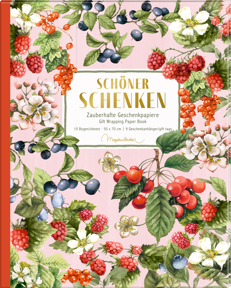 Buchcover mit bunten Beeren, Blumen und grünen Blättern auf rosa Hintergrund, Text in der Mitte.