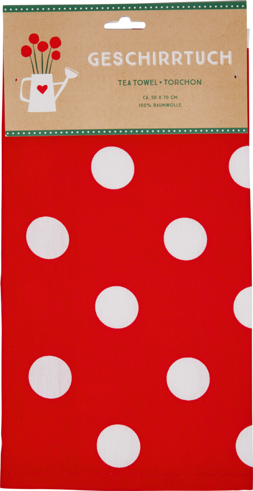 Geschirrtuch Fröhliche Tupfen aus Baumwolle, rot mit weißen Punkten Zum Rechteck gefaltetes rotes Tuch mit großen weißen Punkten und brauner Pappkarte mit Text und Illustration.