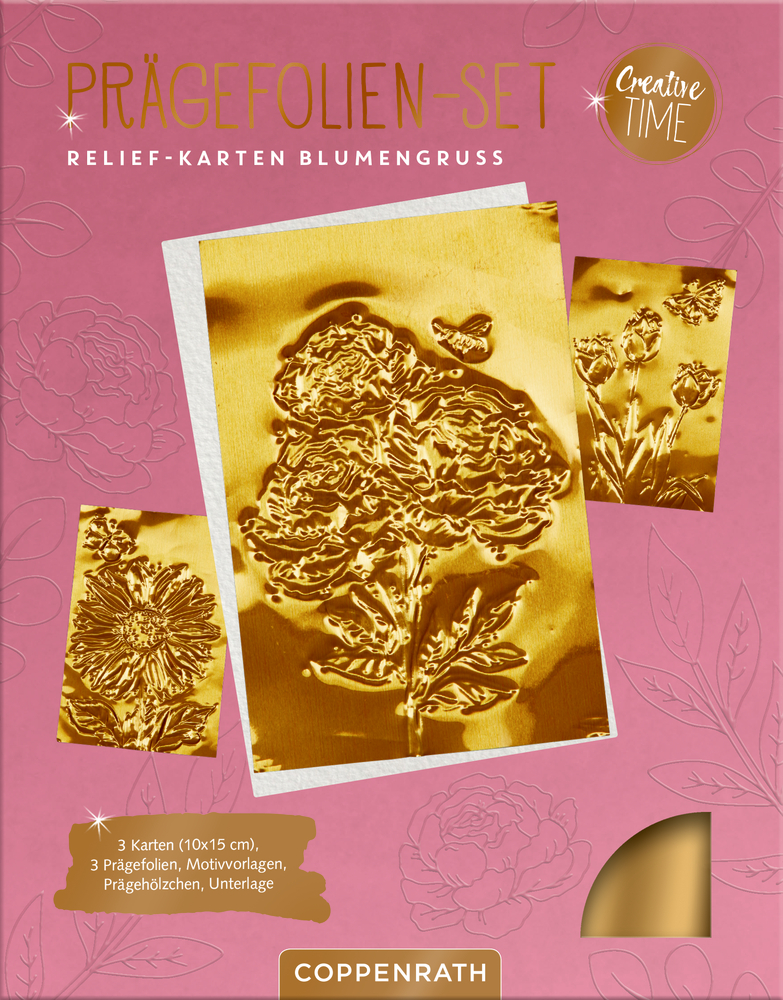 Rosa Verpackung für ein Goldprägefolien-Set mit Blumenmustern und dem Markennamen COPPENRATH unten.