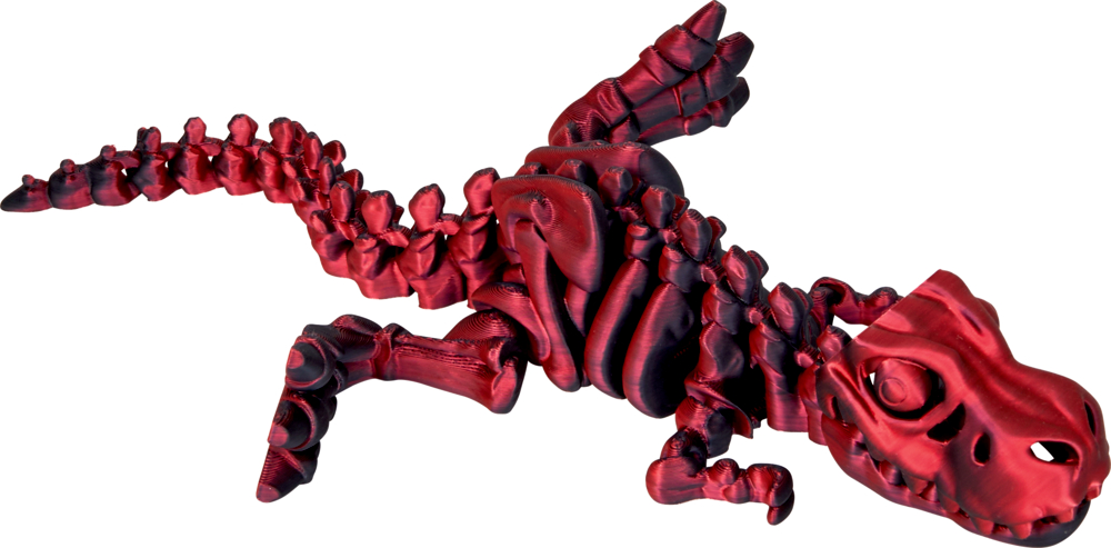 rot/schwarz, Kristalltier T-Rex Skelett - T-Rex World Rotes, stilisiertes Dinosaurierskelett, liegend auf weißem Hintergrund von oben betrachtet.