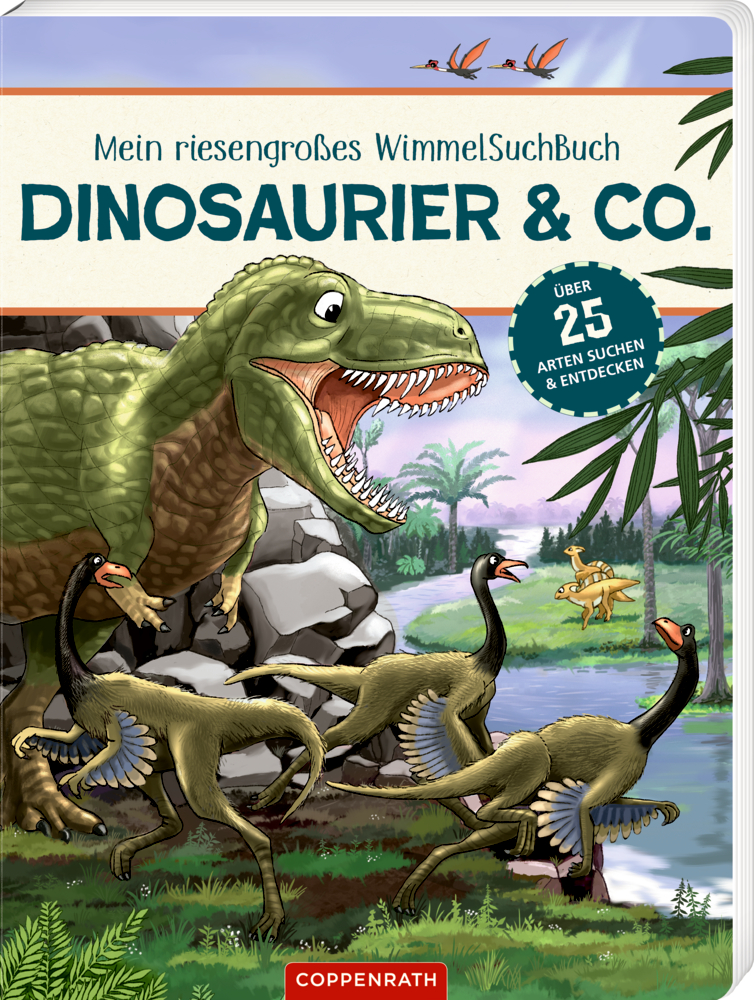 Mein riesengroßes Wimmel-Such-Buch: Dinosaurier & Co. (Buchbonus) Dinosaurier an einem Fluss mit Bäumen und blauem Himmel. Illustrierter Buchumschlag.