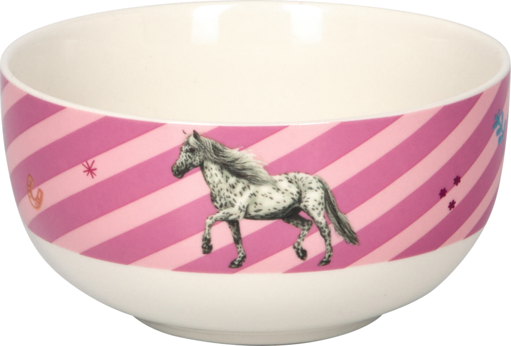 Weiße Schale mit rosa diagonalen Streifen und Pferdemotiv an der Seite.