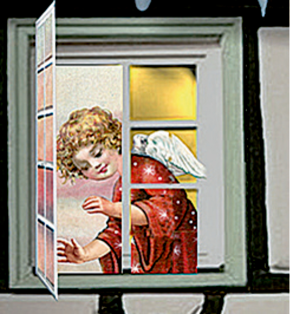 Ein lockiger Engel in Rot blickt durch ein offenes Fenster mit weißem Rahmen.