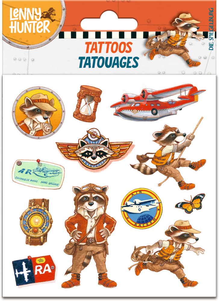 Tattoos - Lenny Hunter Bogen mit temporären Tattoos: Entdecker-Waschbären, Flugzeuge, Karten und Reiseaccessoires.