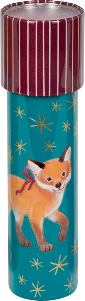 Kaleidoskop mit einem Fuchs und goldenen Sternen auf einem blaugrünen Hintergrund.