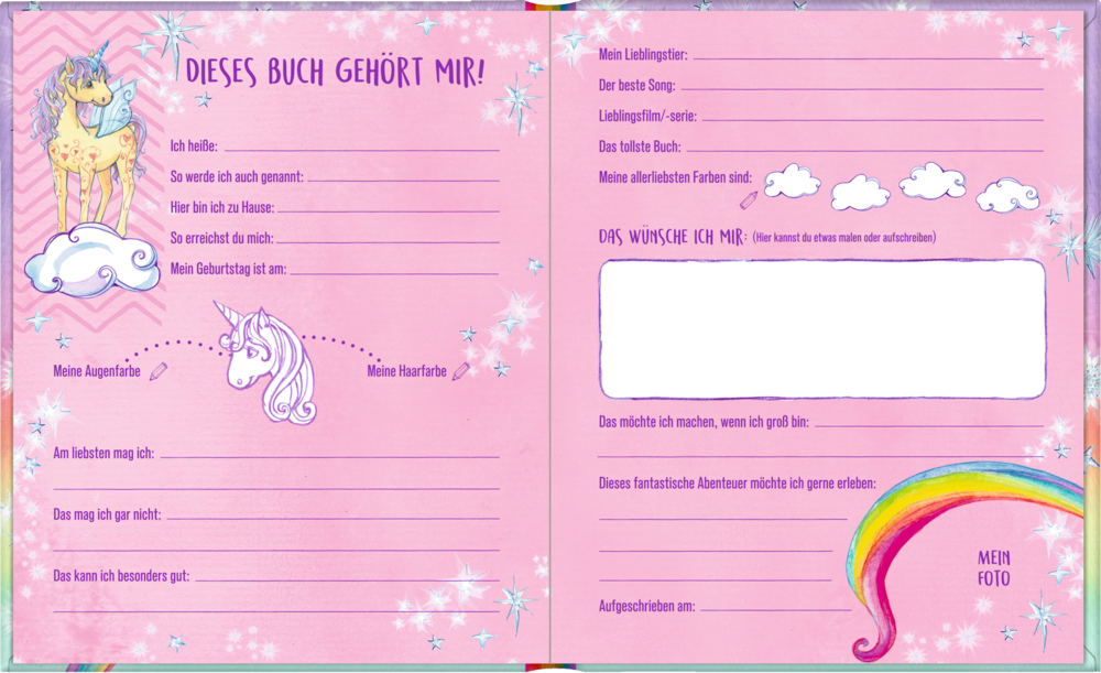 Doppelseitige Innenansicht eines Freundebuchs mit Ausfüllfeldern, verziert mit Einhörnern, Regenbögen und Sternen.