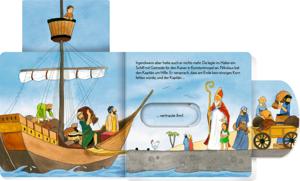 Doppelseite aus einem Buch mit Schiebern, wo Menschen am Hafen Getreide vom Schiff entladen , während St. Nikolaus und Dorfbewohner zusehen.