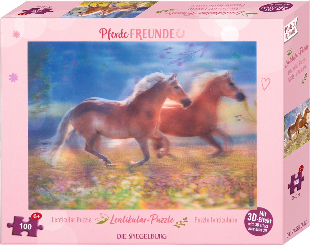 Lentikular-Puzzle - Pferdefreunde (100 Teile) Rosafarbene Box mit zwei galoppierenden Pferden und Puzzleteil mit der Zahl 100 in der mitte.