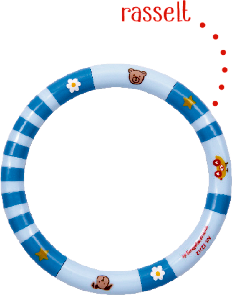 Blau-weiß gestreifter Babyrasselring mit der Aufschrift „Rasselt“ darüber.