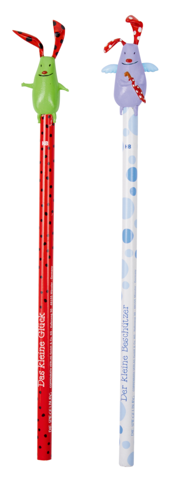 Bleistift mit Topper Das kleine Glück Zwei lustige Bleistifte: einer rot mit einem grünen Tieraufsatz, der andere blau mit einem lila Tieraufsatz.