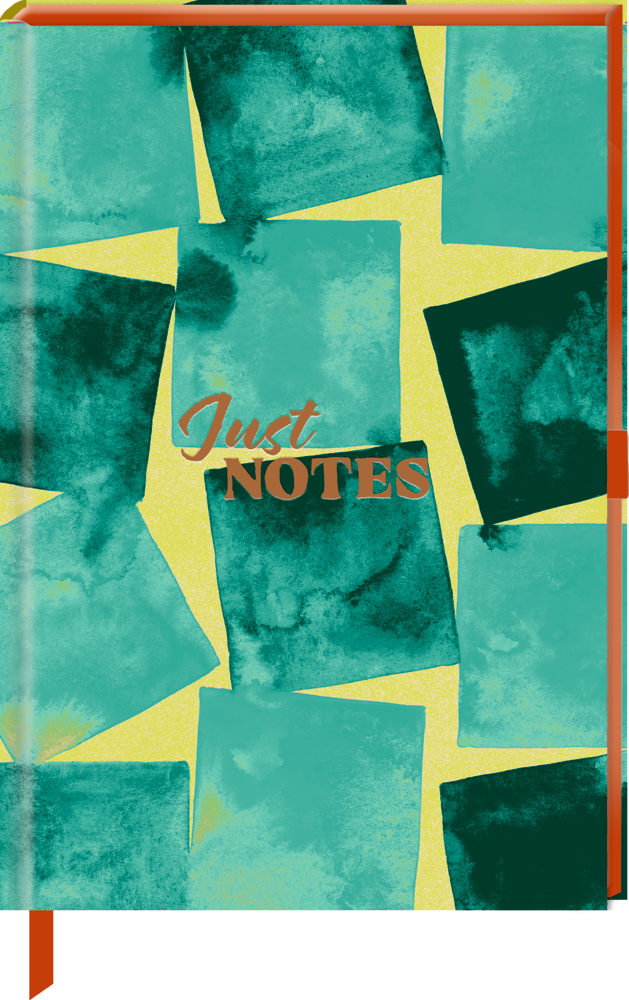 Notizbuchumschlag mit abstrakten Formen in Grün und Gelb und der Aufschrift „Just NOTES“ in der Mitte.