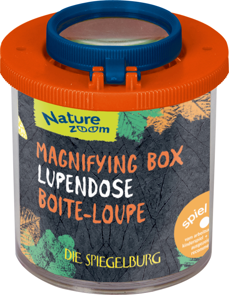 Lupendose Nature Zoom (rund) Lupenbox mit orange/blauem Deckel, beschriftet mit „Lupendose“ und „Nature Zoom“.