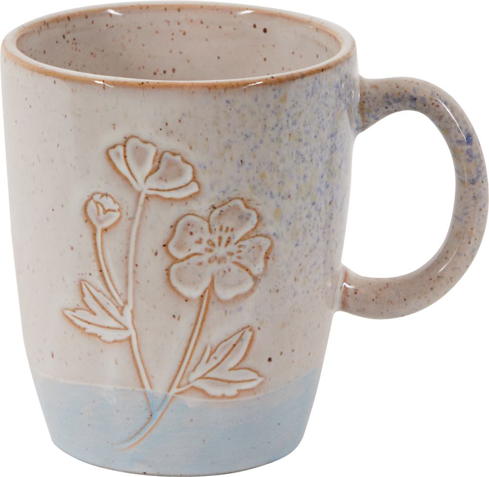 Porzellan-Tasse "Blume" blau - LandLust Creme-weiße Keramiktasse mit dezentem Blumenmuster und hellblauem Farbverlauf am Boden.