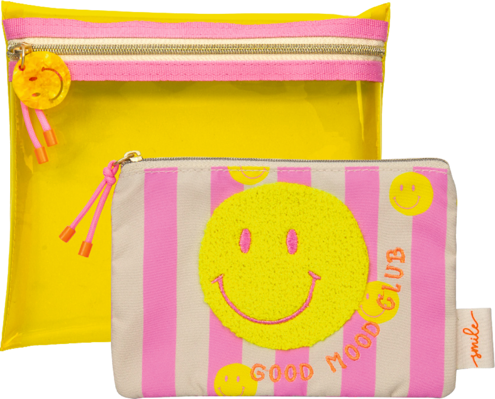 Zwei bunte Täschchen, eines gelb mit Reißverschluss, eines rosa-gestreift mit Smileys und Good Mood Club Text.
