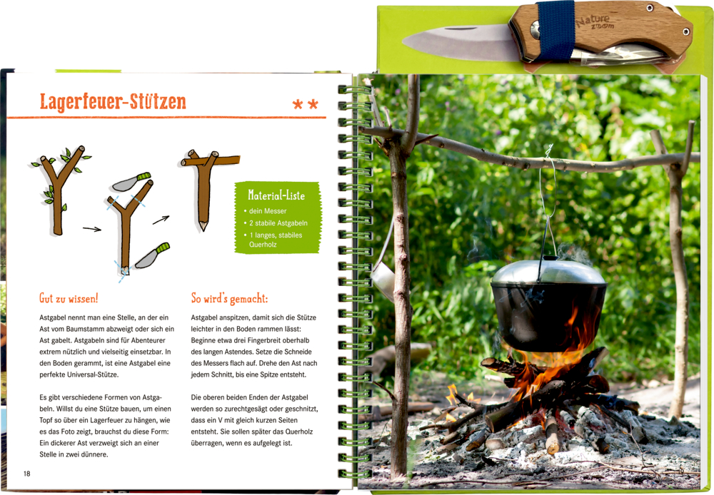 Offenes Buch mit Lagerfeueranleitung, Foto eines Topfes über dem Feuer und Taschenmesser in der oberen rechten Ecke.