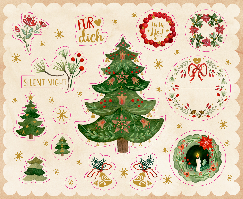 Weihnachtsaufkleber: Bäume, Kränze, Kerzen, Blumen und festliche Sprüche auf beigem Hintergrund.