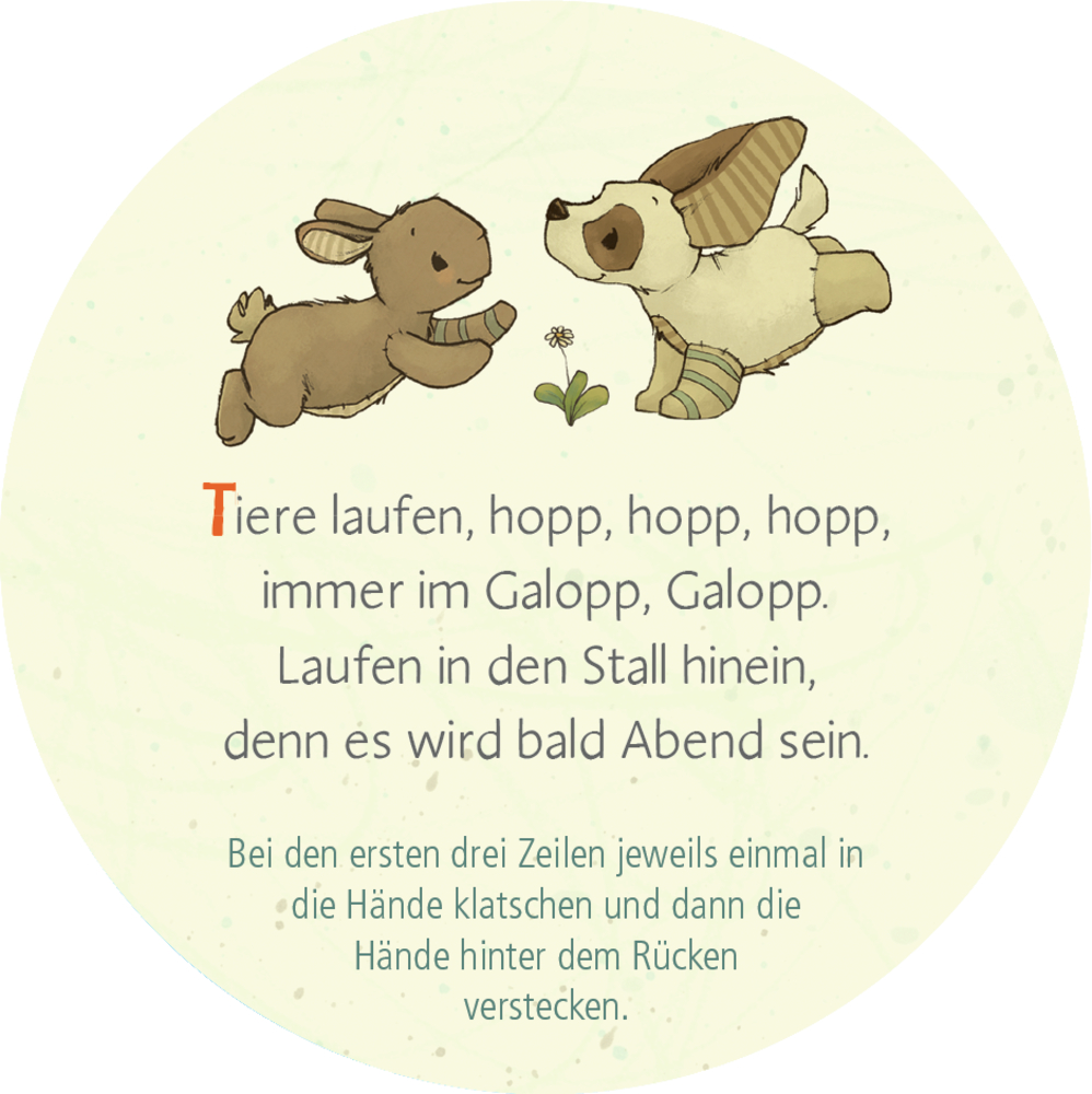 Illustration einer Ente von hinten, mit Schmetterling und dem Vers „Heile, heile Gänschen“ auf cremefarbenem Kreis.