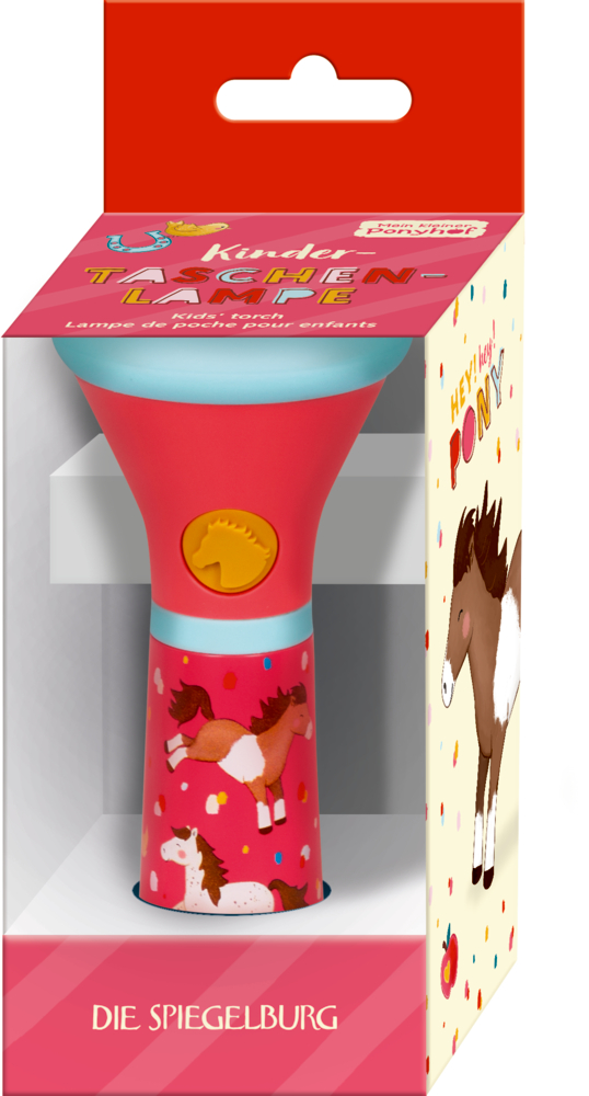 Rote Kindertaschenlampe mit Pferdeillustrationen, verpackt in einer roten Pappschachtel mit Sichtfenster.