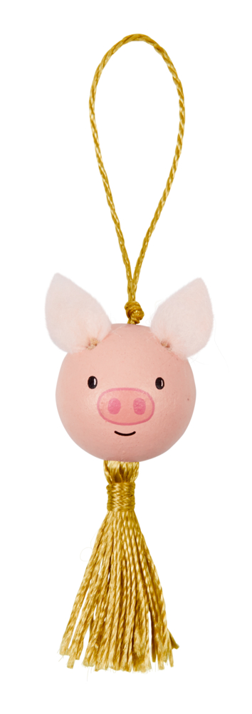 Glücksschweinchen Viel Glück Rosa Kugel mit Schweinegesicht, weiße Ohren, goldene Schnur zum Aufhängen und goldene Kordel unten.