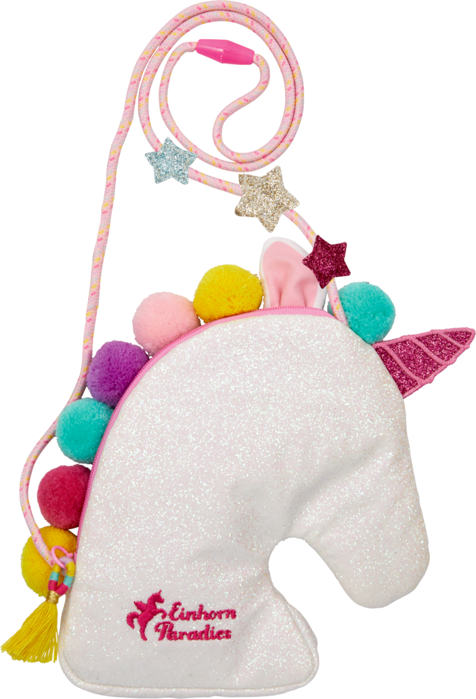 Glitzerndes Einhorn-Täschchen mit bunten Pompons und einem Riemen mit Sternenmuster.
