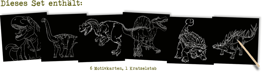 Sechs Motivkarten mit Dinosaurier-Umrissen, inklusive Kratzelstab.