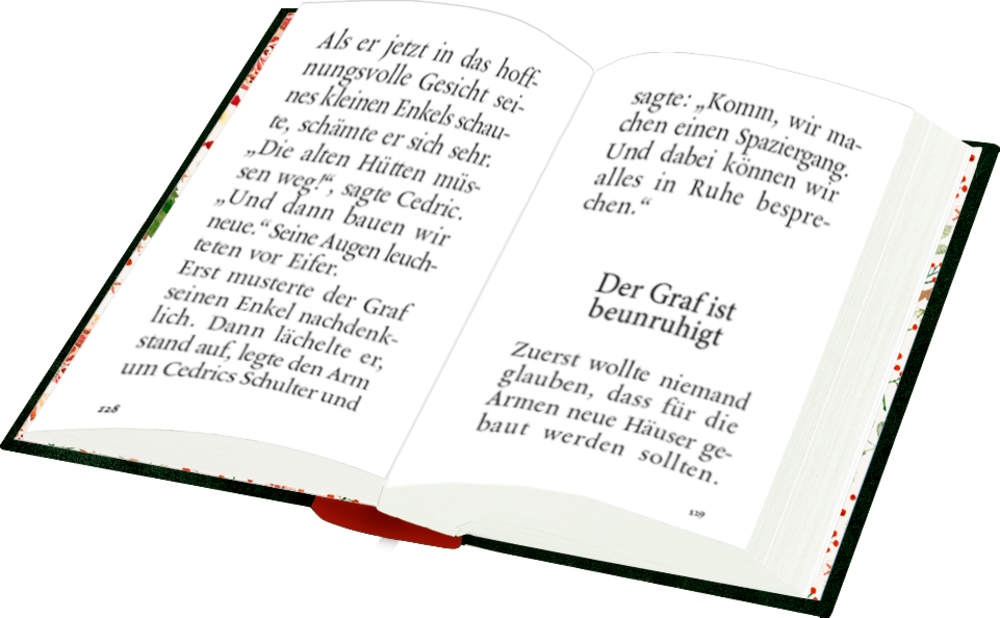 Aufgeschlagenes Mini-Buch mit gedrucktem Text auf den Seiten 128 und 129.