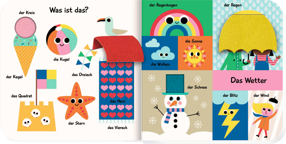 Knallbunte, einfache Darstellungen z.B. von Wolken, Regenbogen, Blitz und Schneemann mit Bezeichnungen.