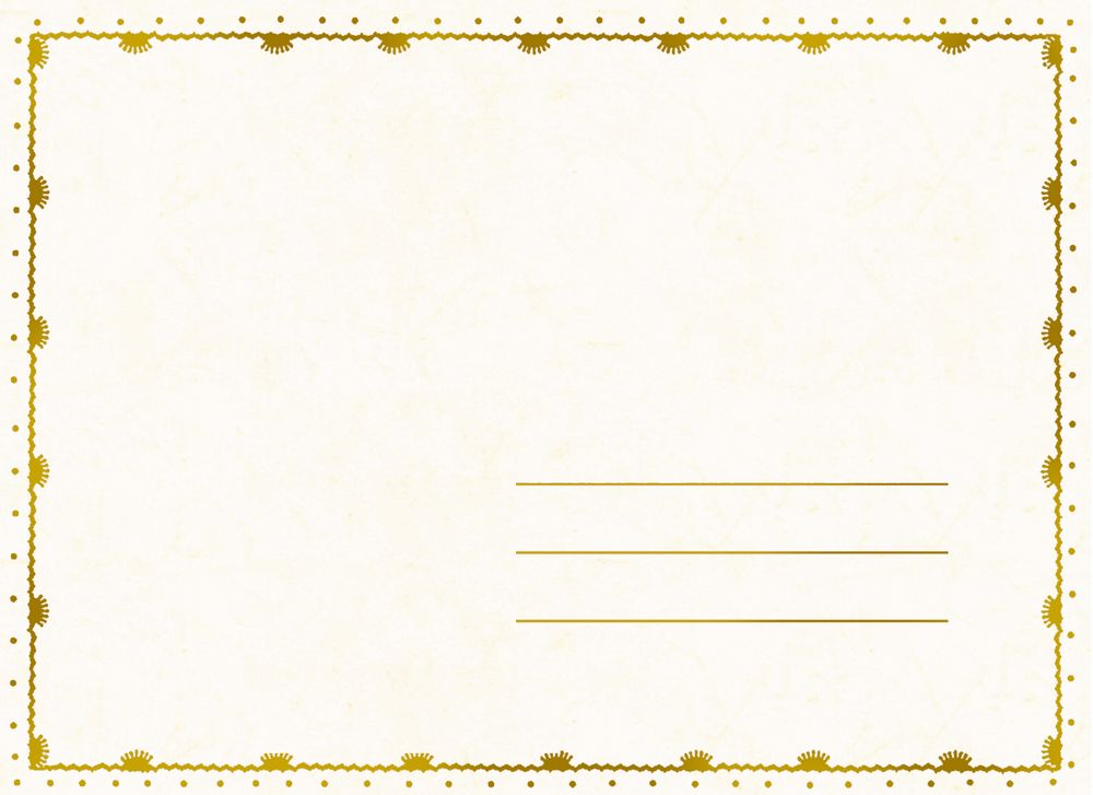 Beiger Briefumschlag mit goldener, gemusterter Rahmenverzierung und drei horizontalen Linien auf der rechten Seite.