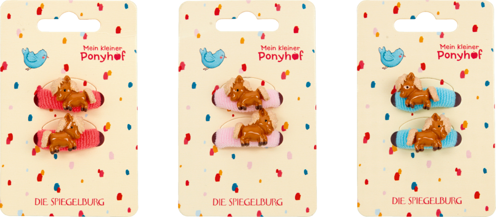 Haargummis - Mein kleiner Ponyhof Drei illustrierte Pappkarten mit Kinderhaargummis, auf denen ein hellbraunes Pony platziert ist.
