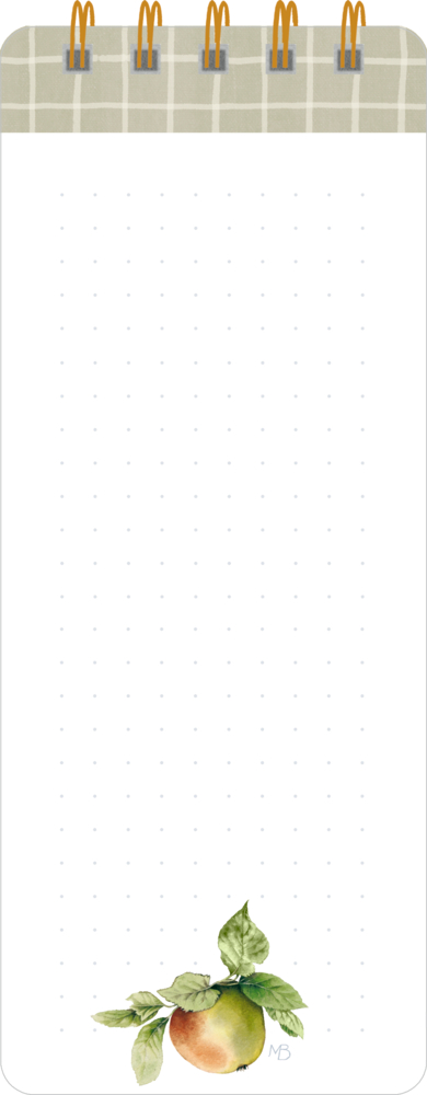 Leere Notizbuchseite mit grün kariertem oberen Rand und kleiner Pfirsichzeichnung unten.