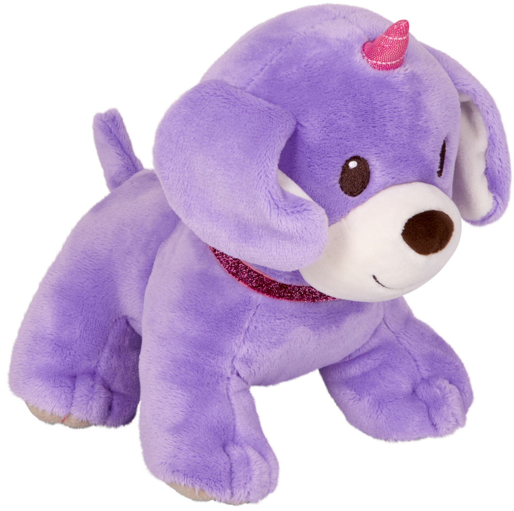 Unidog medium, flieder Lilafarbener Plüschhund mit Einhornhorn, Schlappohren und einem glitzernden rosa Halsband.