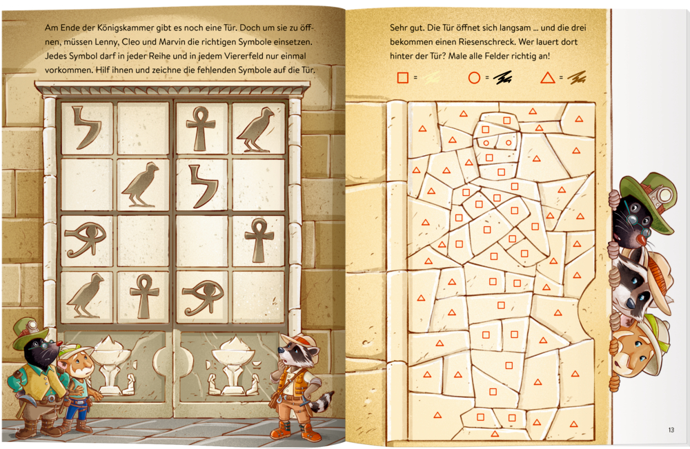 Vier Tiere in Entdeckerausrüstung stehen neben einer Steintür mit alten Symbolen und einem dreieckigen Labyrinth-Puzzle, auf einer Rätselseite mit Text