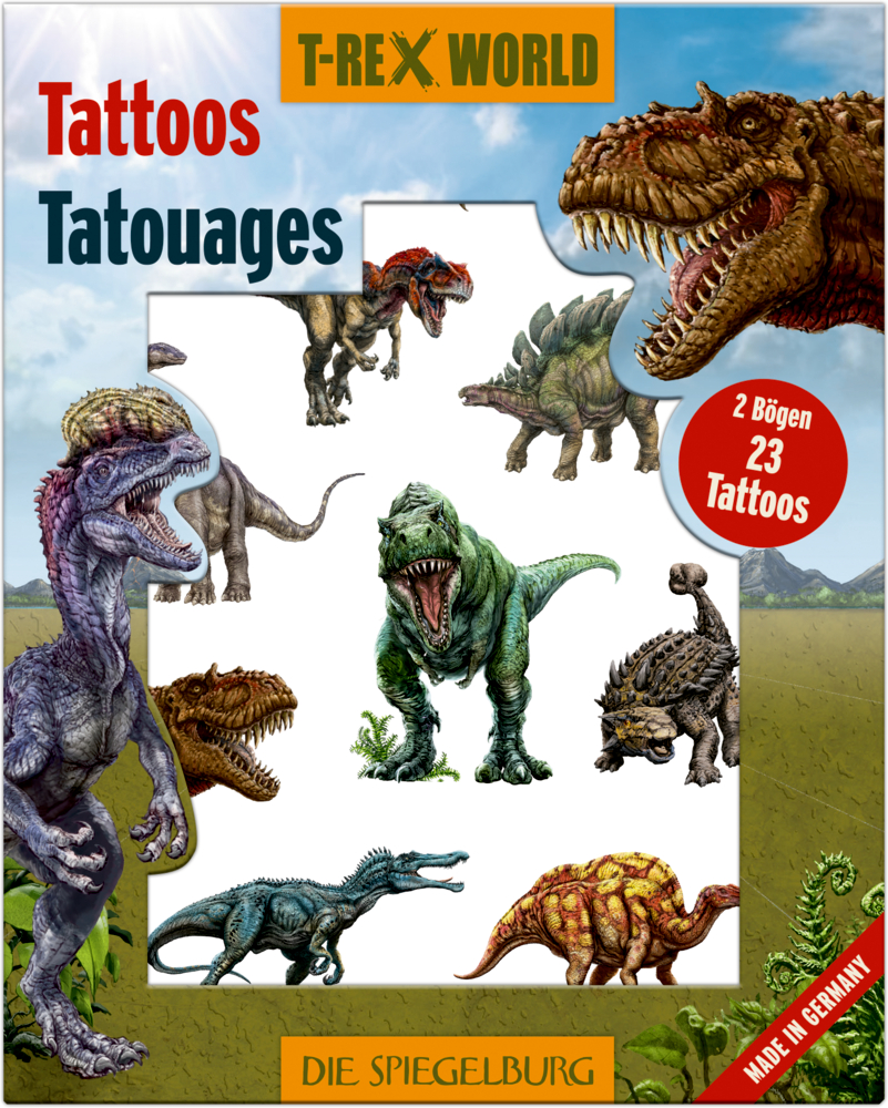 Tattoos - T-Rex World Bunte Fensterverpackung mit illustrierten Dinosauriern auf dem Cover, das verschiedene Dinosaurier-Tattoos enthält.