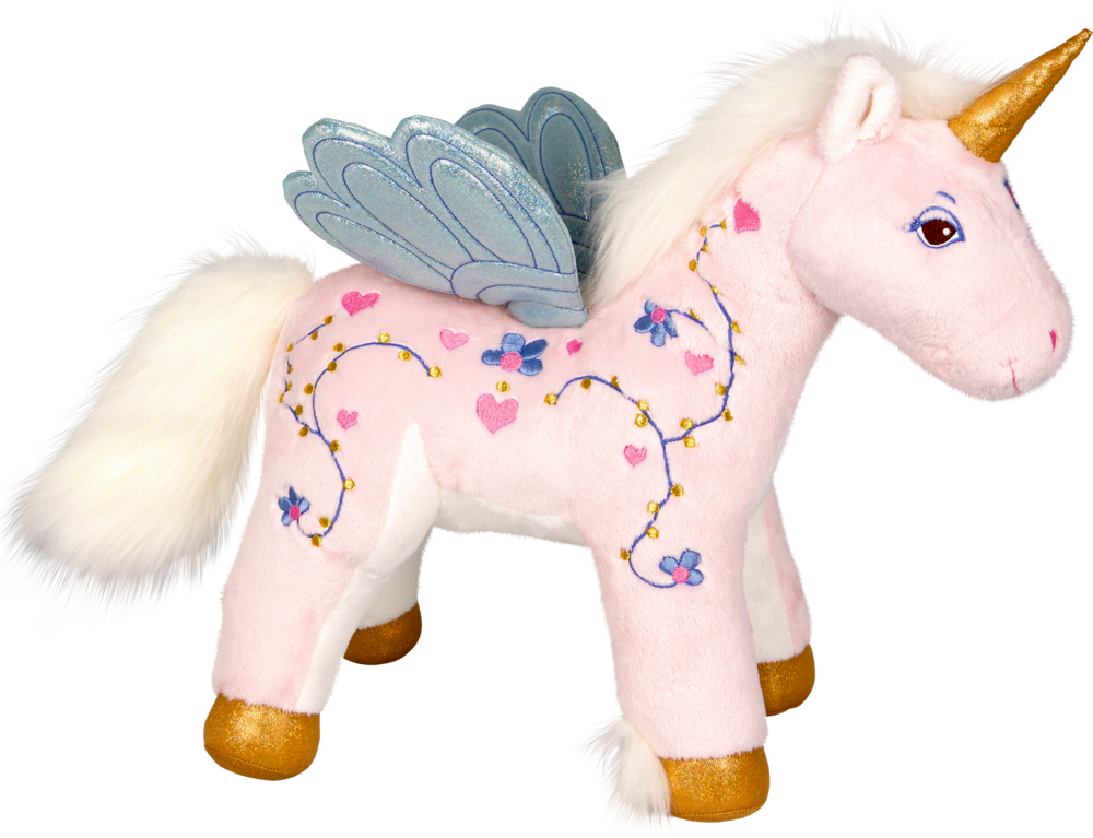 Einhorn Ella, groß - Einhorn-Paradies Plüschiges rosa Einhorn mit blauen Flügeln, goldenem Horn und Hufen sowie Herz- und Blumenverzierungen auf dem Körper.