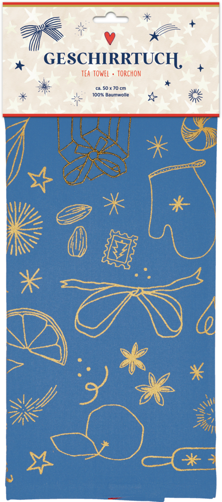 Blaues Geschirrtuch mit goldenen Umrissen von Küchenutensilien, Zitrusscheiben und Sternen.