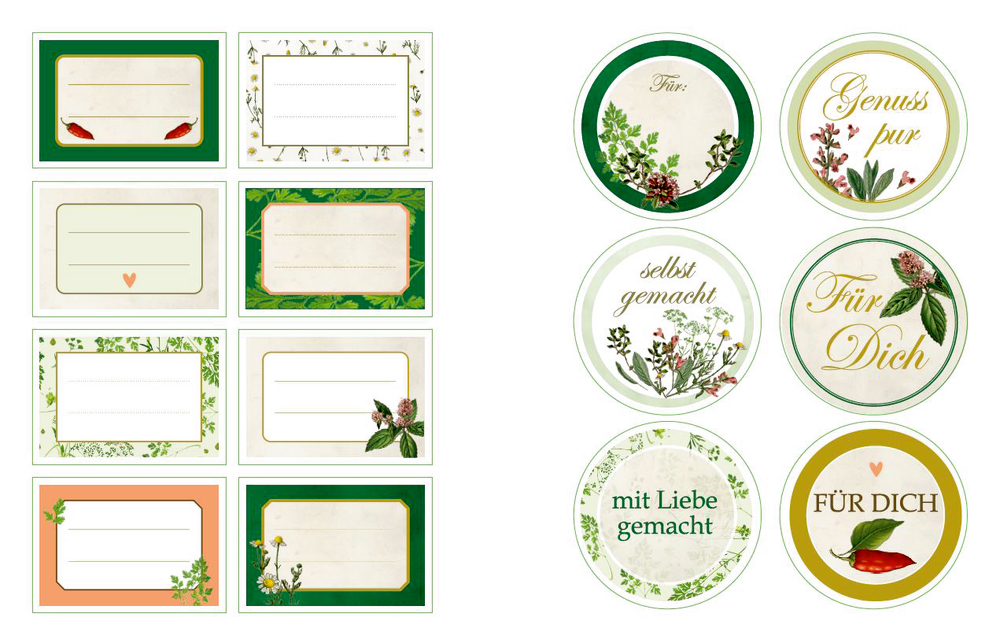 Rechteckige und runde Etiketten im Vintage-Stil mit grünen Blumen- und Kräutermotiven und deutschem Text oder zum Beschriften.