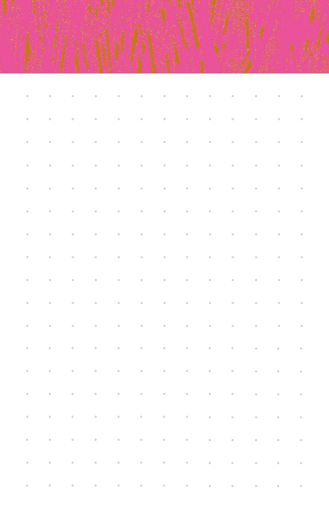 Oben befindet sich ein abstrakter Rand in Rosa und Gold; der Rest der Seite ist mit einem weiß gepunkteten Raster bedeckt.