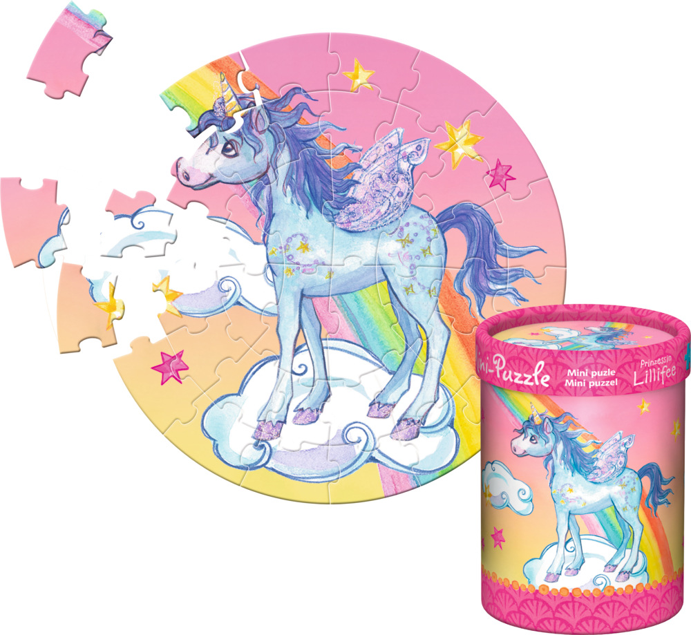 Rundes Einhorn-Puzzle in Pastelltönen mit Wolken und Sternen; ein paar Teile fehlen. Puzzle-Röhre liegt daneben.