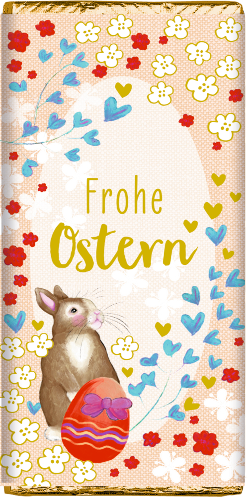 Schokoladenverpackung mit Hase, Ei, Blumen, Herzen und Frohe Ostern Text.