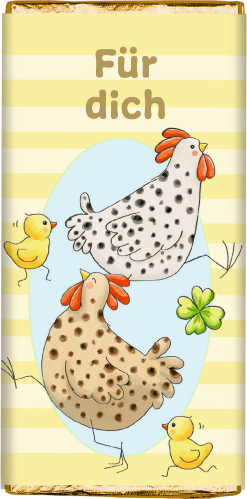 Schokoladentafel mit zwei gepunkteten Hennen und vier gelben Küken.