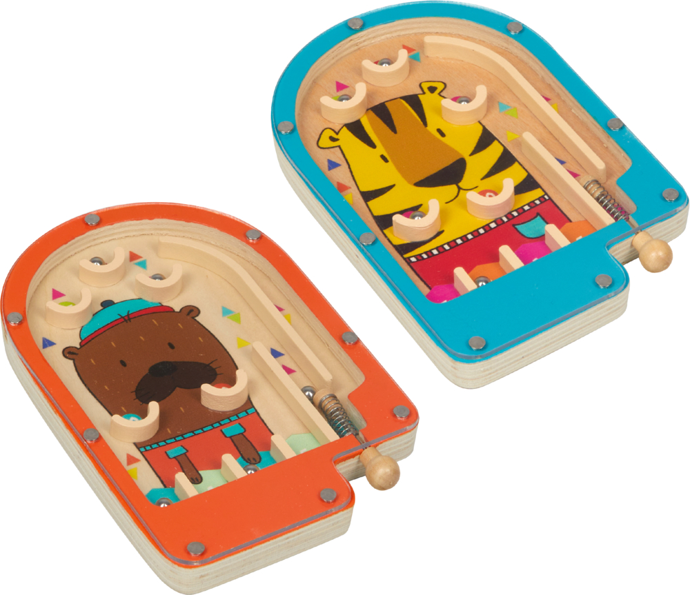 Flipper-Spiel - Bunte Geschenke Zwei farbenfrohe Flipperspiele aus Holz: eines mit Bärenmotiv, das andere mit Tigermotiv.