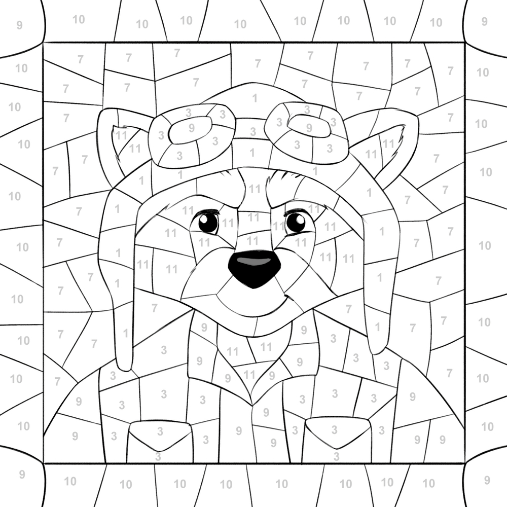 Malen-nach-Zahlen-Bild eines Waschbären mit Fliegerbrille und Jacke, mit nummerierten Abschnitten zum Ausmalen.