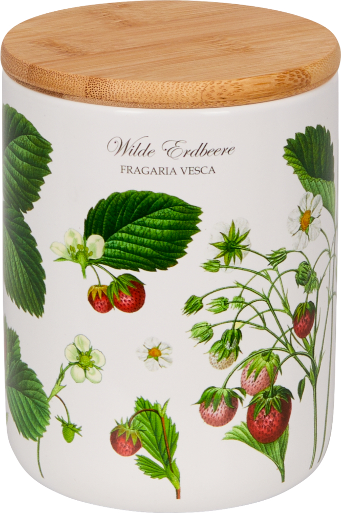 Vorratsdose "Erdbeeren" aus Keramik - Sammlung Augustina (ca. 0,65 l) Weißes Keramikgefäß mit Bambusdeckel, mit Abbildungen von Walderdbeeren und Beschriftung in Deutsch und Latein.